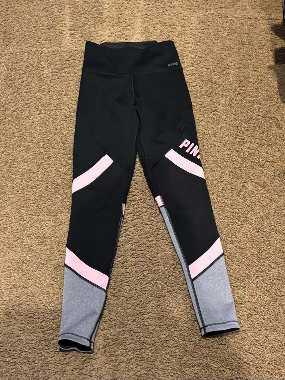PINK Victoria's Secret Black Leggings with Pink and Gray Panels